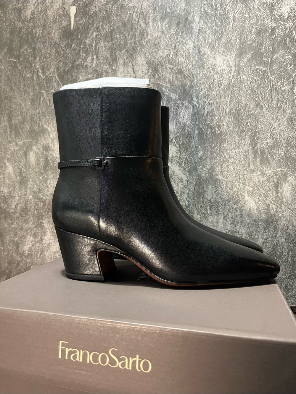 Franco Sarto Black Leather Ankle Boots with Low Block Heel